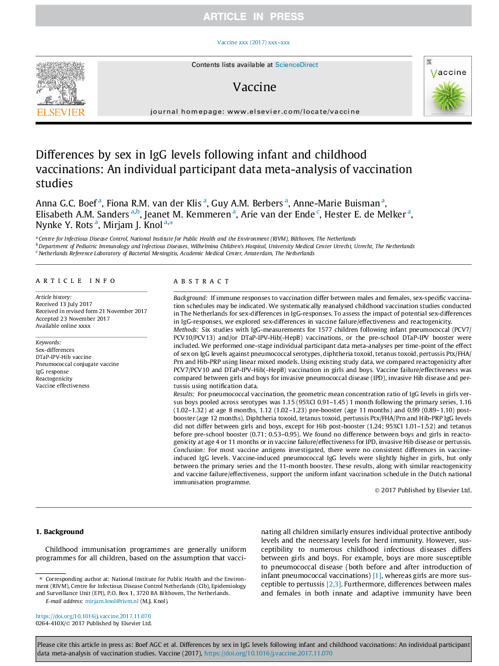 Differences by sex in IgG levels following infant and childhood vaccinations: An individual participant data meta-analysis of vaccination studies