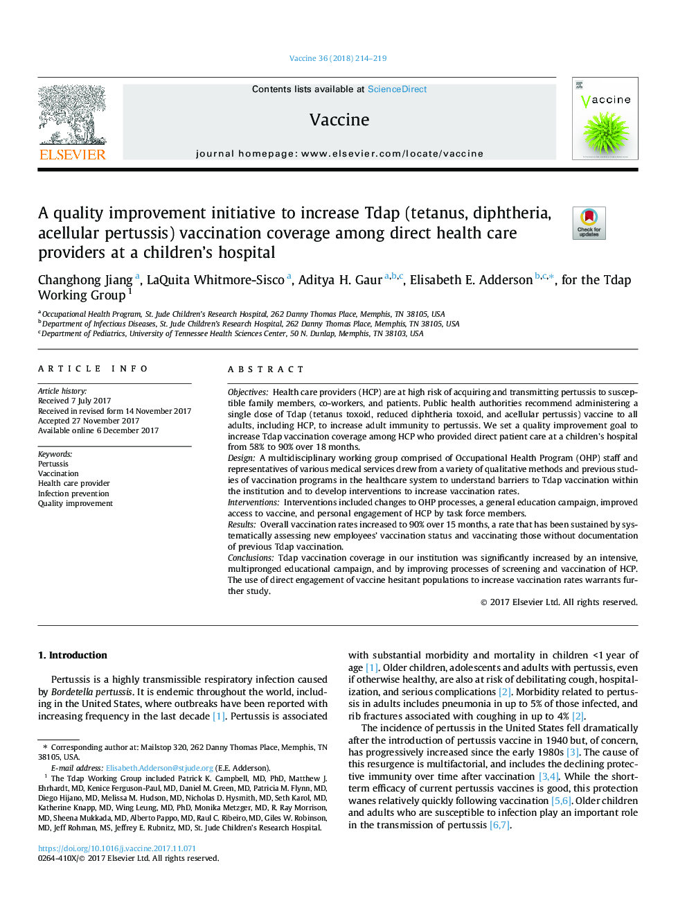 A quality improvement initiative to increase Tdap (tetanus, diphtheria, acellular pertussis) vaccination coverage among direct health care providers at a children's hospital