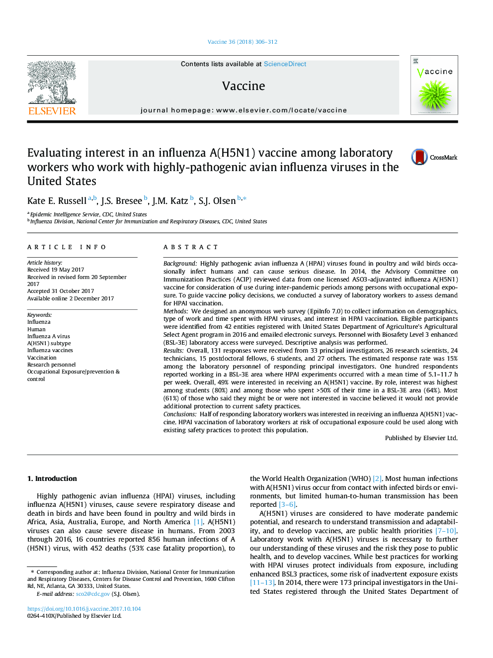 Evaluating interest in an influenza A(H5N1) vaccine among laboratory workers who work with highly-pathogenic avian influenza viruses in the United States