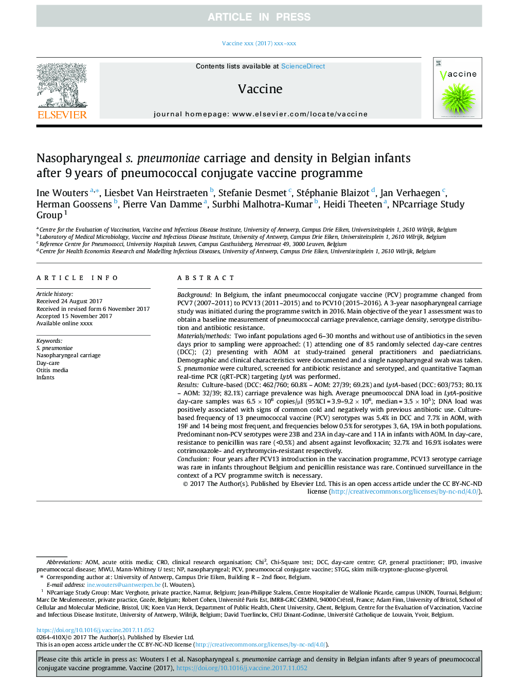 Nasopharyngeal s. pneumoniae carriage and density in Belgian infants after 9â¯years of pneumococcal conjugate vaccine programme