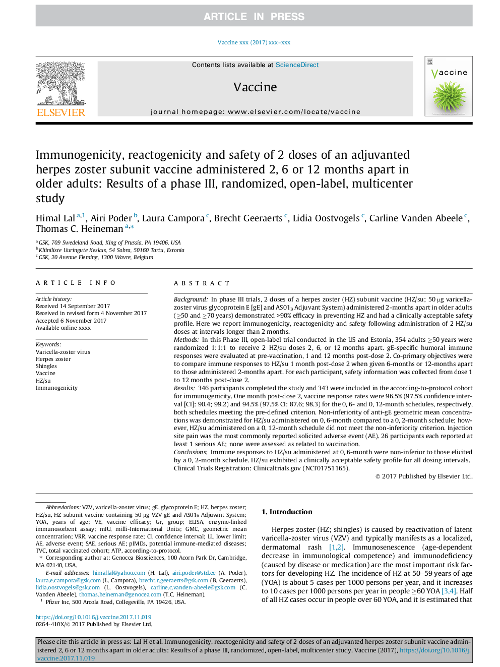 Immunogenicity, reactogenicity and safety of 2 doses of an adjuvanted herpes zoster subunit vaccine administered 2, 6 or 12 months apart in older adults: Results of a phase III, randomized, open-label, multicenter study