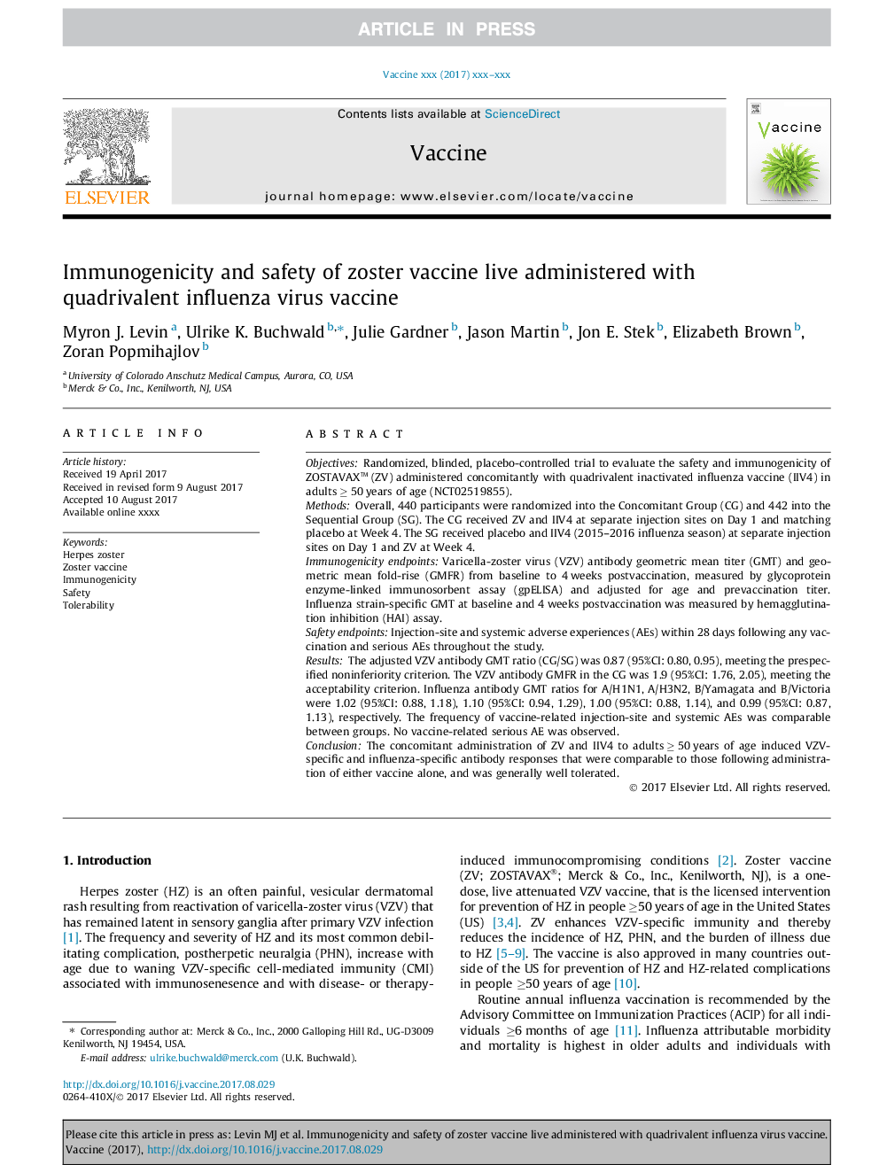 Immunogenicity and safety of zoster vaccine live administered with quadrivalent influenza virus vaccine