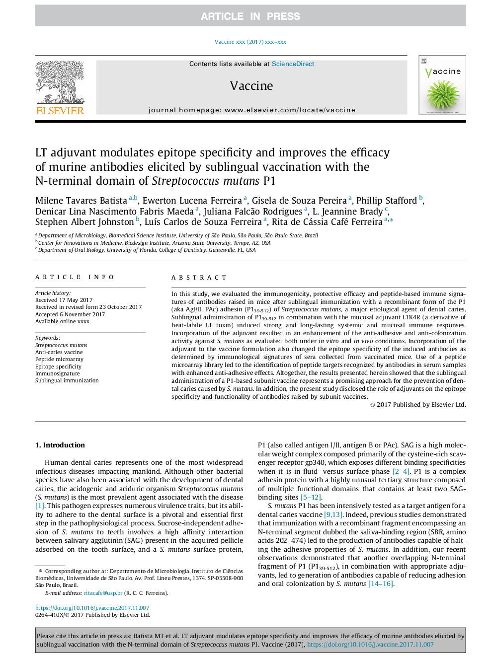 LT adjuvant modulates epitope specificity and improves the efficacy of murine antibodies elicited by sublingual vaccination with the N-terminal domain of Streptococcus mutans P1