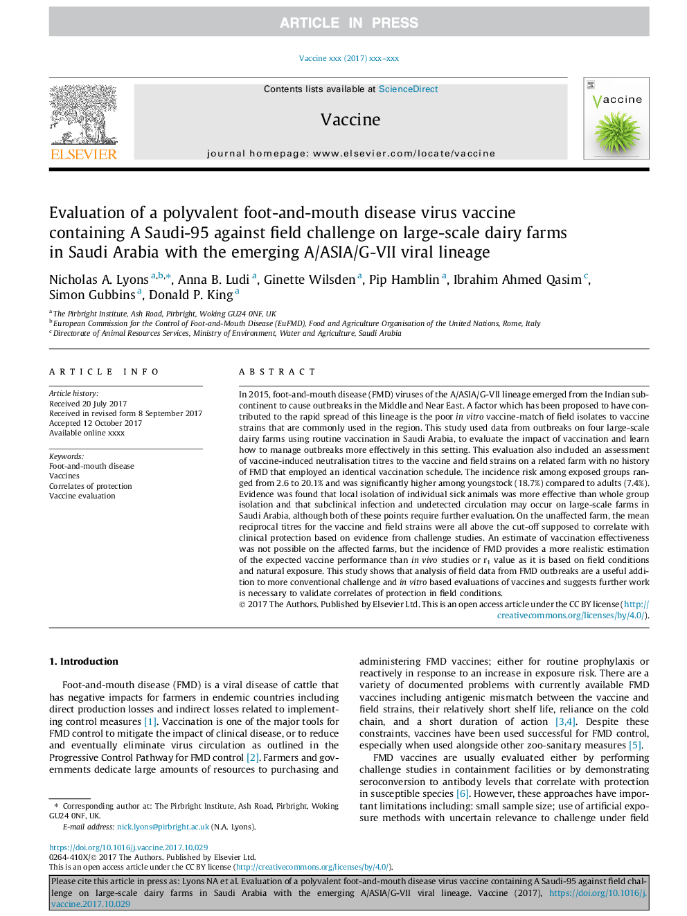 Evaluation of a polyvalent foot-and-mouth disease virus vaccine containing A Saudi-95 against field challenge on large-scale dairy farms in Saudi Arabia with the emerging A/ASIA/G-VII viral lineage