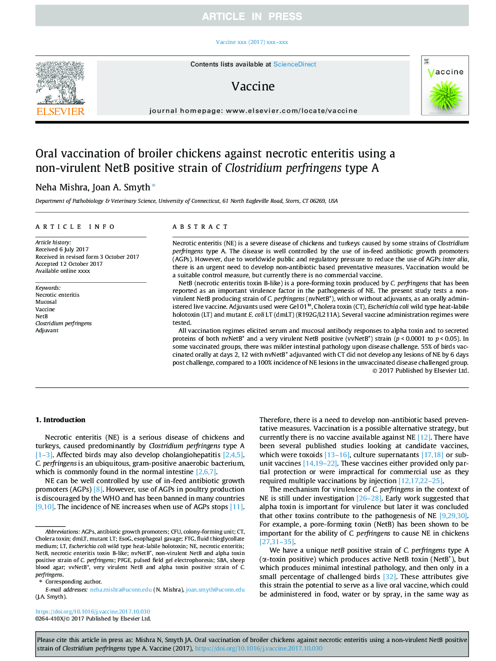 Oral vaccination of broiler chickens against necrotic enteritis using a non-virulent NetB positive strain of Clostridium perfringens type A