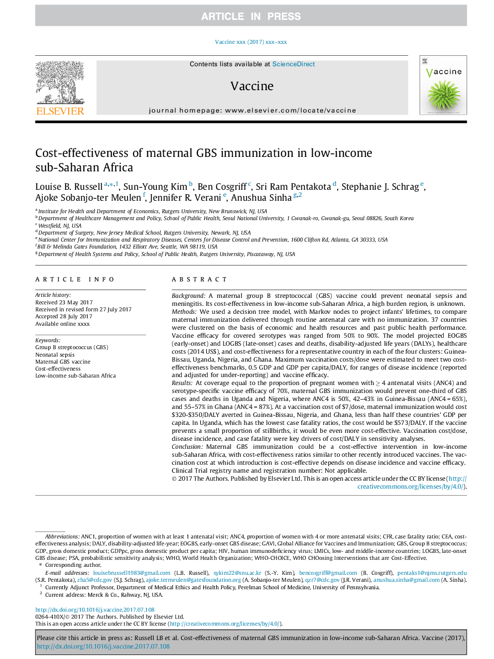 Cost-effectiveness of maternal GBS immunization in low-income sub-Saharan Africa