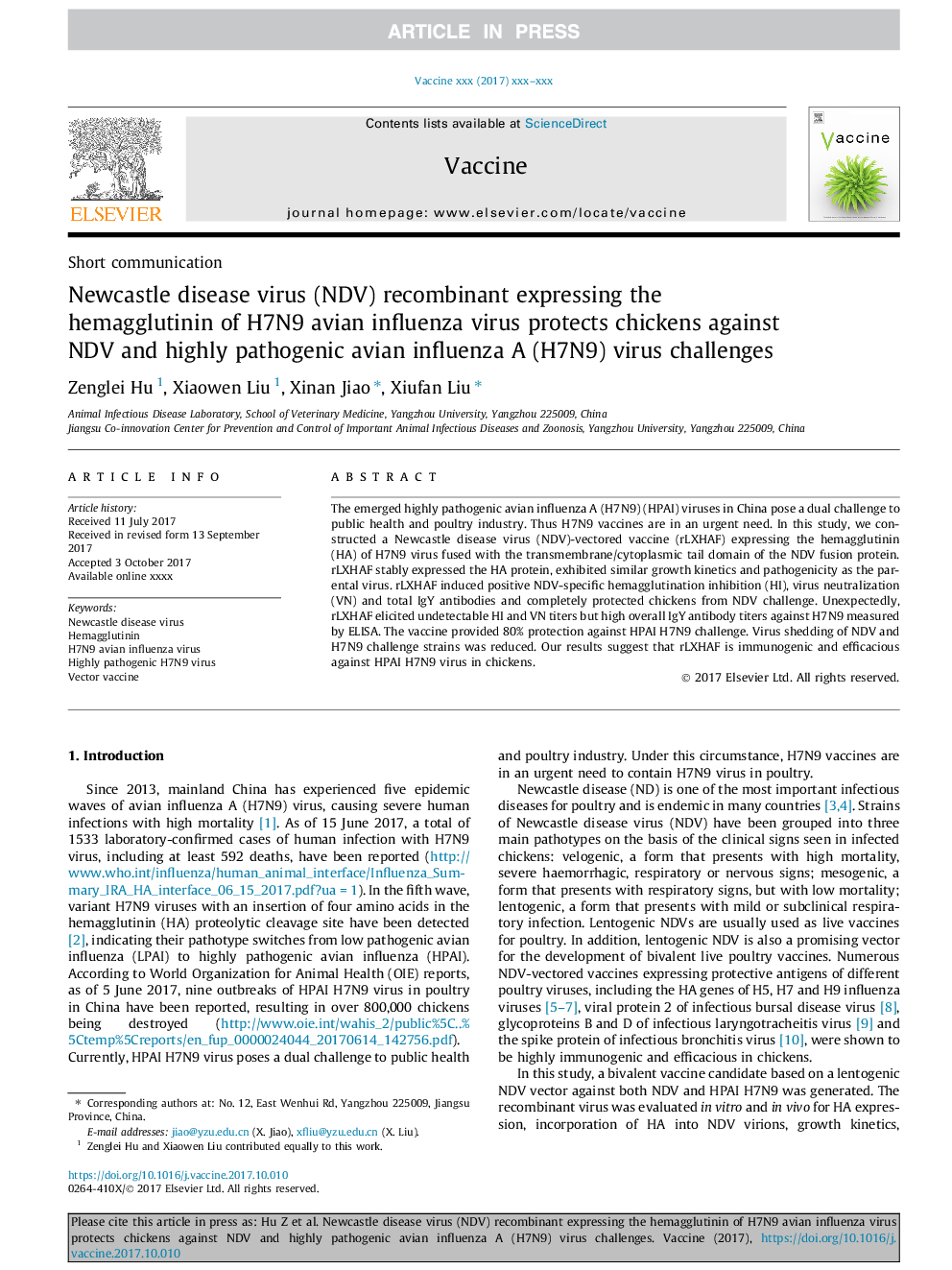 Newcastle disease virus (NDV) recombinant expressing the hemagglutinin of H7N9 avian influenza virus protects chickens against NDV and highly pathogenic avian influenza A (H7N9) virus challenges