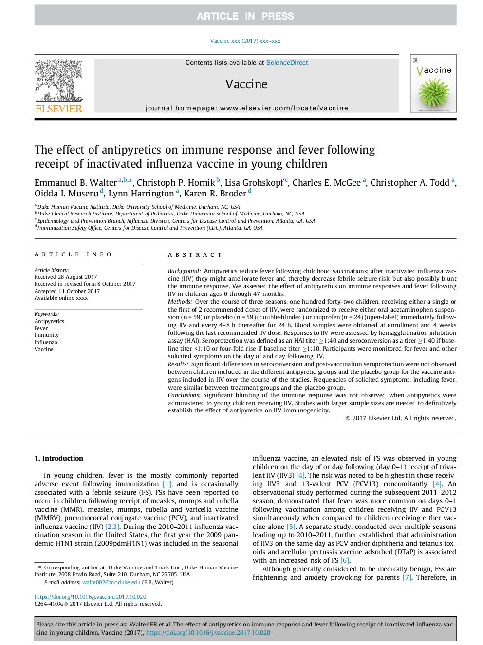 The effect of antipyretics on immune response and fever following receipt of inactivated influenza vaccine in young children