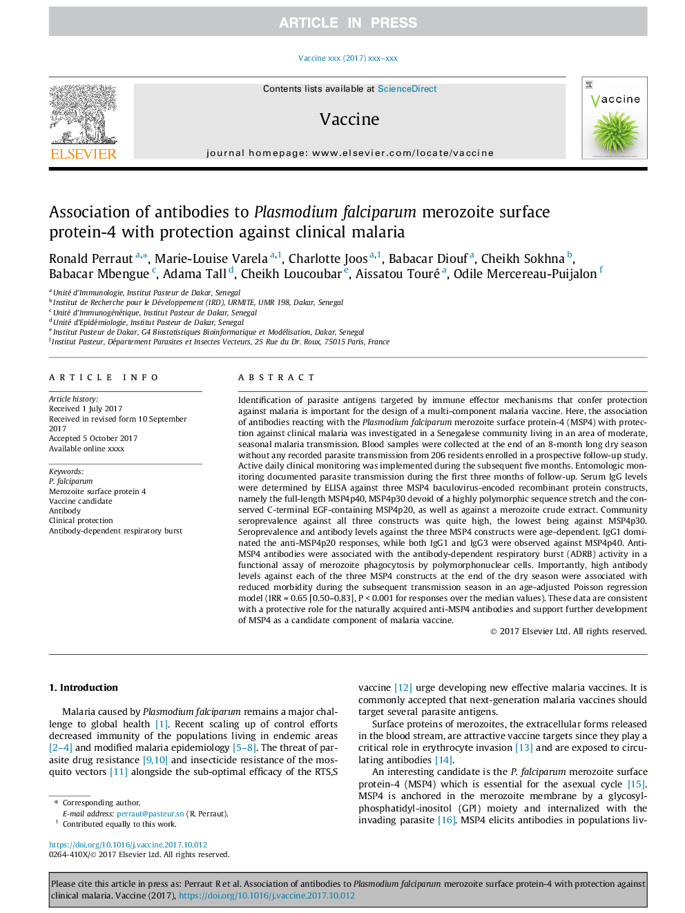 Association of antibodies to Plasmodium falciparum merozoite surface protein-4 with protection against clinical malaria