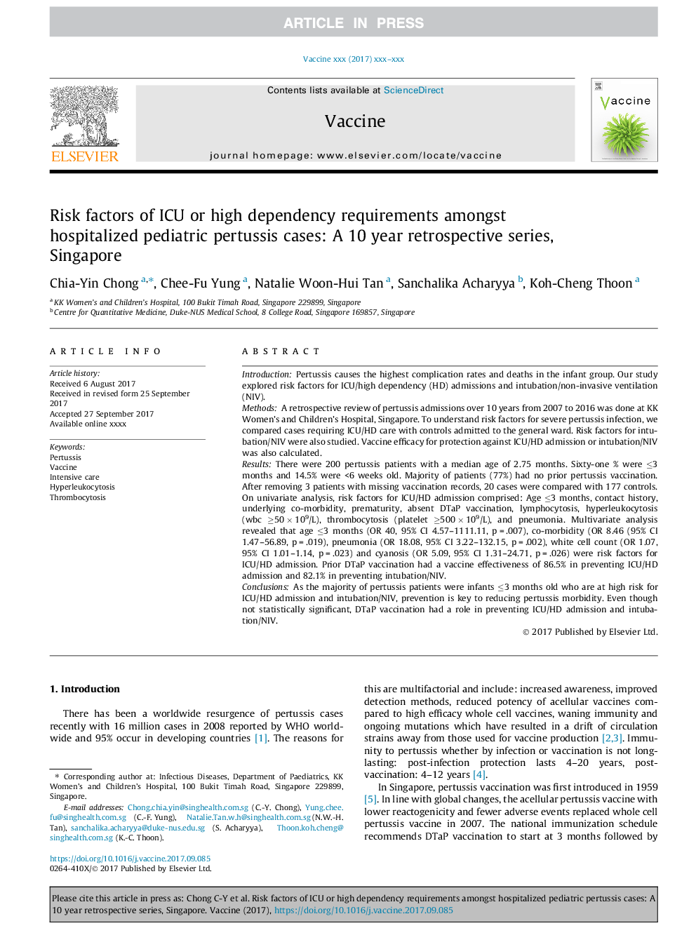 Risk factors of ICU or high dependency requirements amongst hospitalized pediatric pertussis cases: A 10 year retrospective series, Singapore