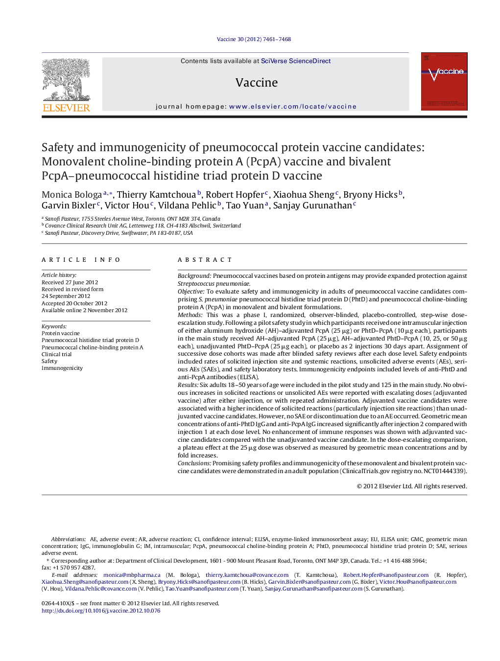 Safety and immunogenicity of pneumococcal protein vaccine candidates: Monovalent choline-binding protein A (PcpA) vaccine and bivalent PcpA-pneumococcal histidine triad protein D vaccine