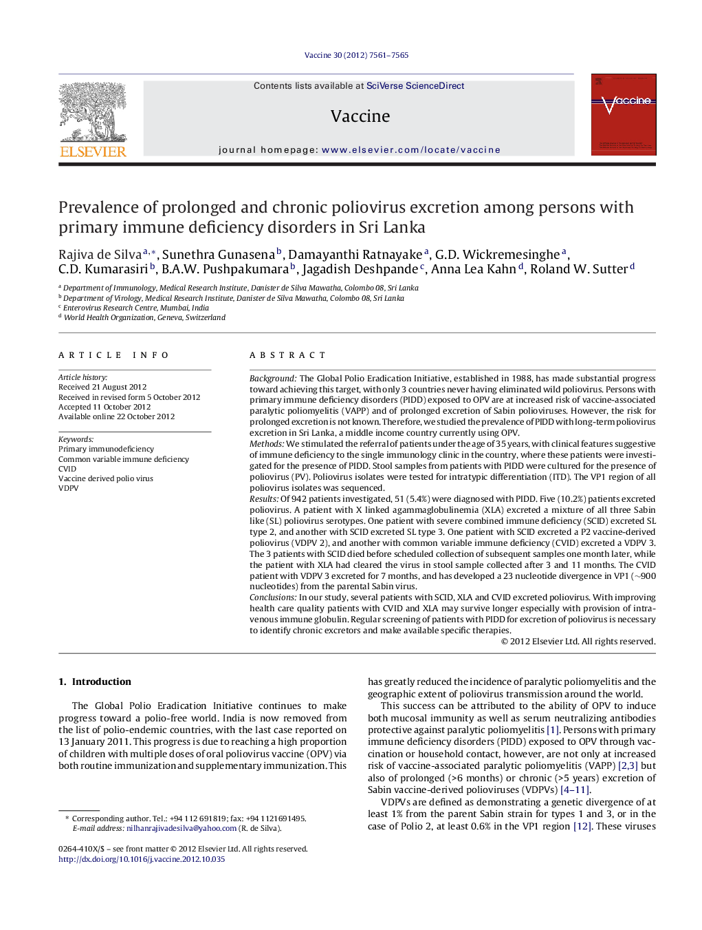 Prevalence of prolonged and chronic poliovirus excretion among persons with primary immune deficiency disorders in Sri Lanka