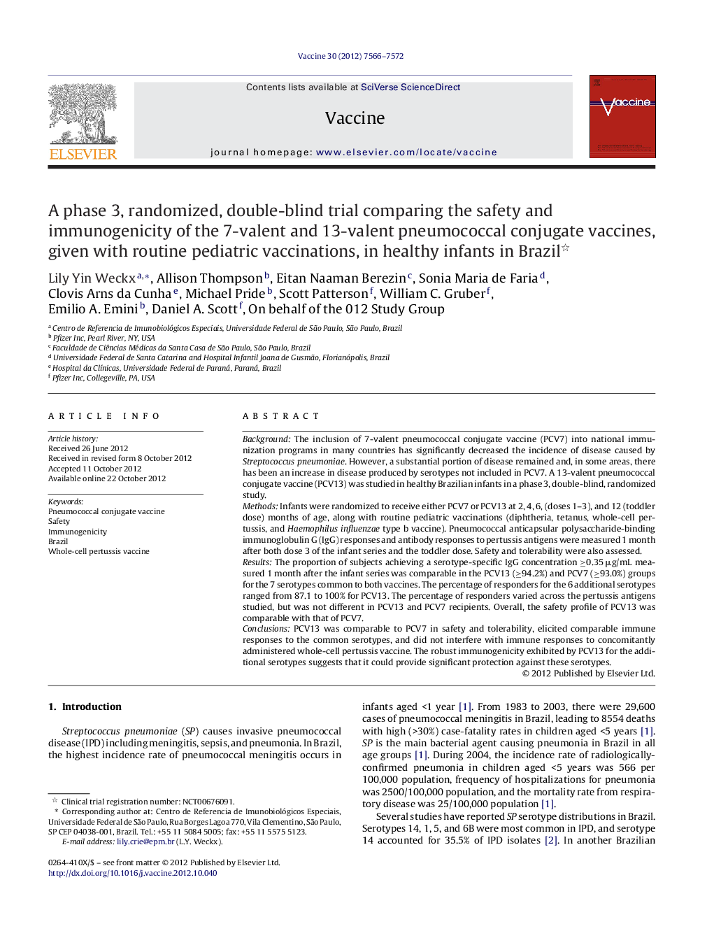 A phase 3, randomized, double-blind trial comparing the safety and immunogenicity of the 7-valent and 13-valent pneumococcal conjugate vaccines, given with routine pediatric vaccinations, in healthy infants in Brazil