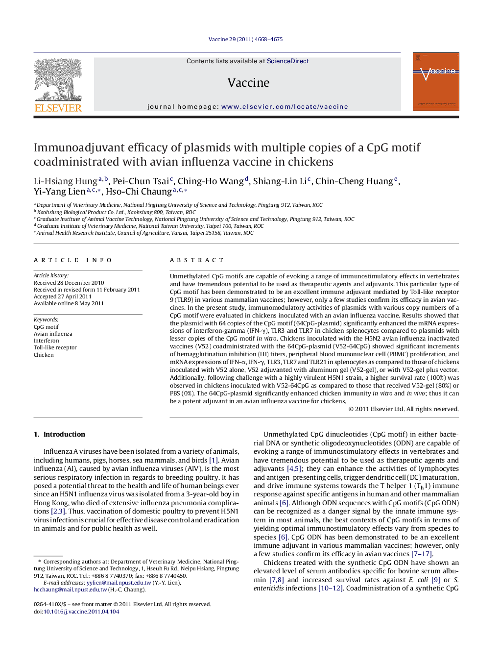 Immunoadjuvant efficacy of plasmids with multiple copies of a CpG motif coadministrated with avian influenza vaccine in chickens