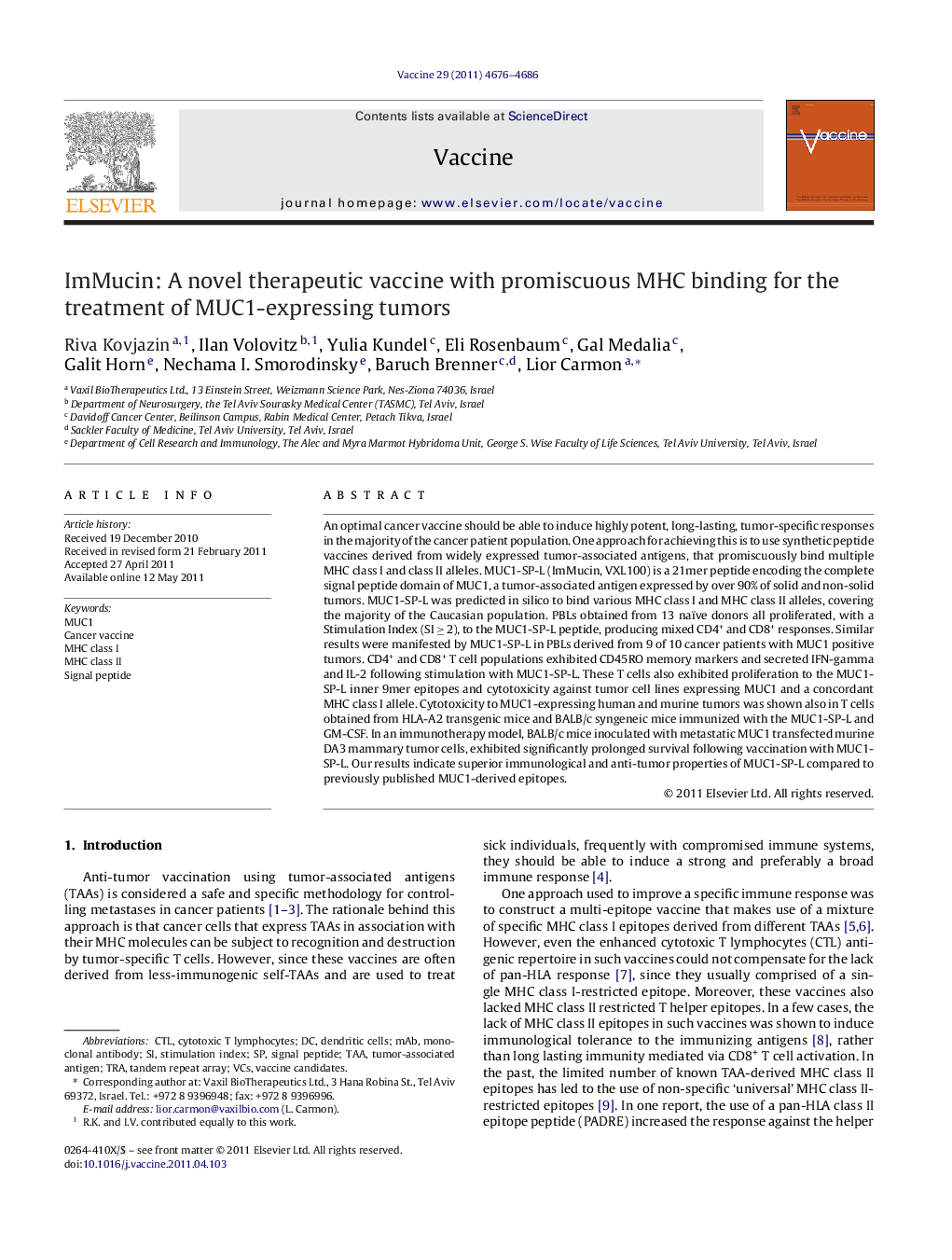 ImMucin: A novel therapeutic vaccine with promiscuous MHC binding for the treatment of MUC1-expressing tumors