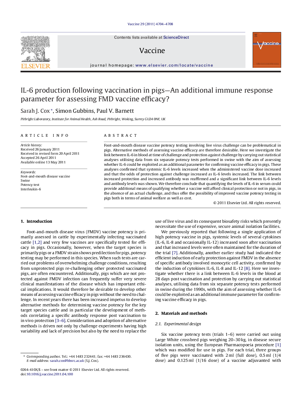 IL-6 production following vaccination in pigs-An additional immune response parameter for assessing FMD vaccine efficacy?