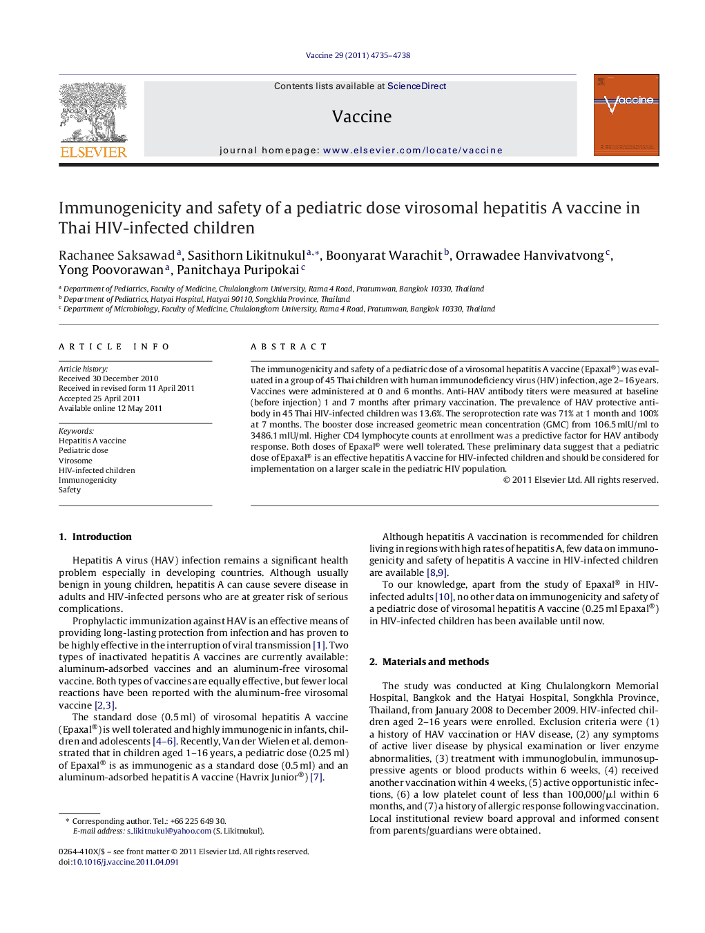 Immunogenicity and safety of a pediatric dose virosomal hepatitis A vaccine in Thai HIV-infected children