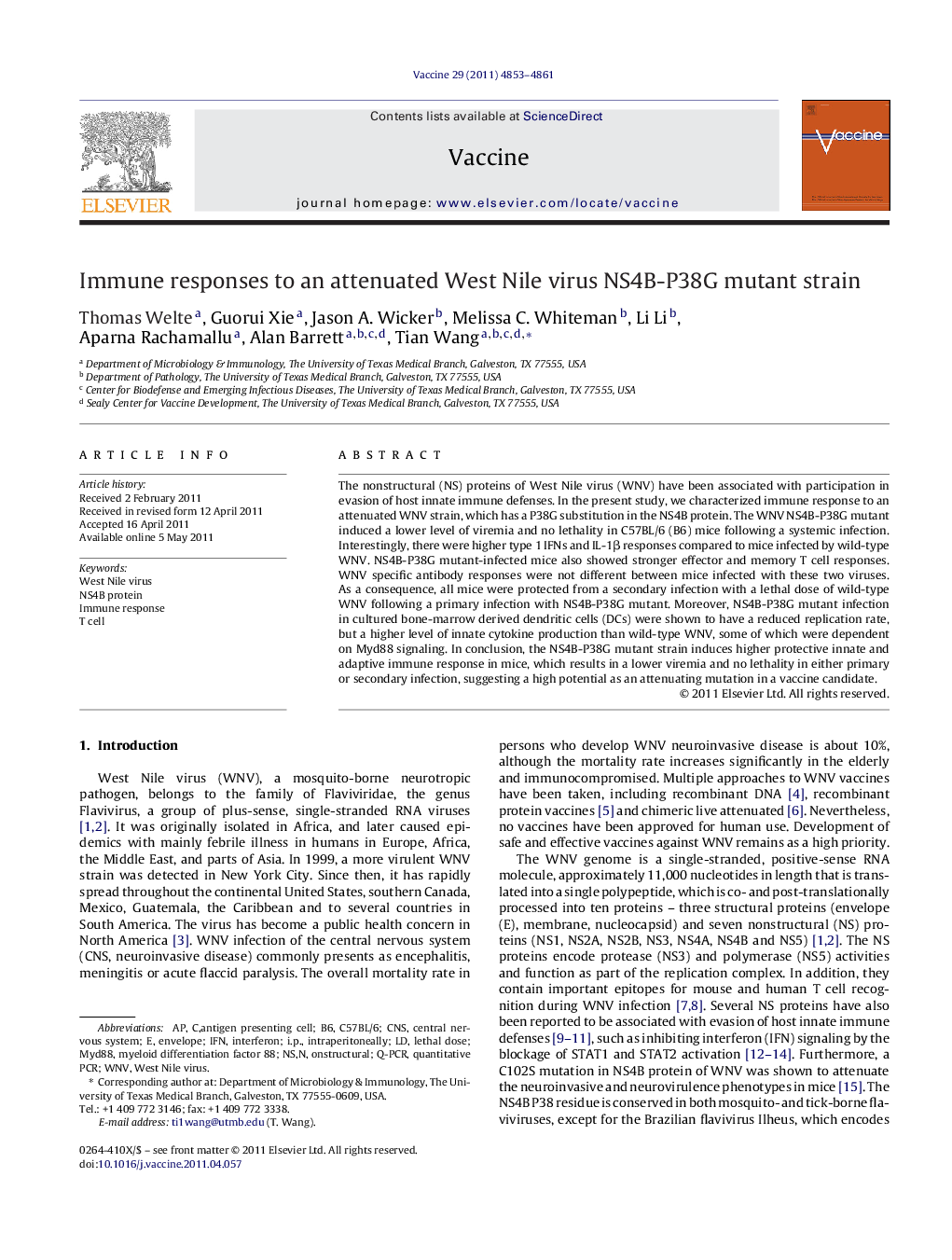 Immune responses to an attenuated West Nile virus NS4B-P38G mutant strain