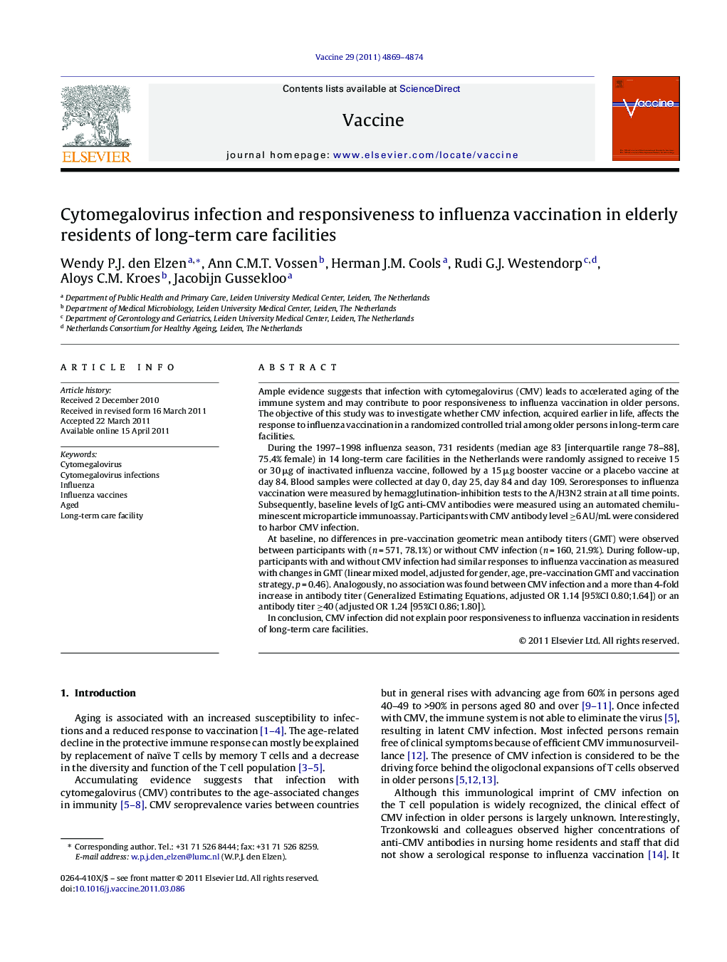 Cytomegalovirus infection and responsiveness to influenza vaccination in elderly residents of long-term care facilities