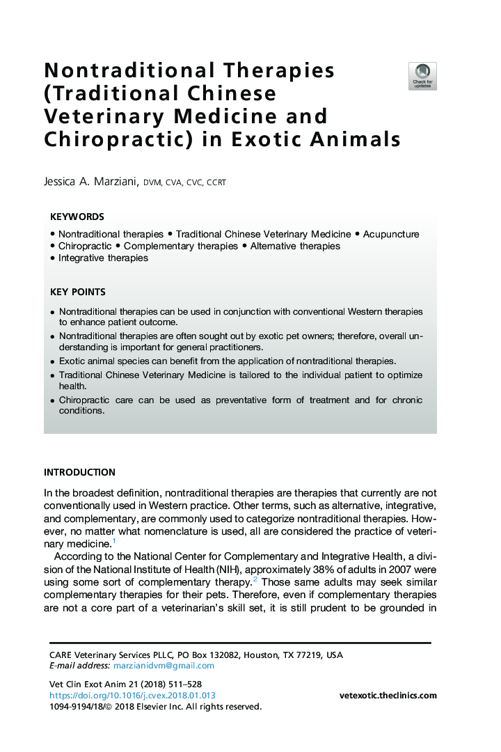 Nontraditional Therapies (Traditional Chinese Veterinary Medicine and Chiropractic) in Exotic Animals
