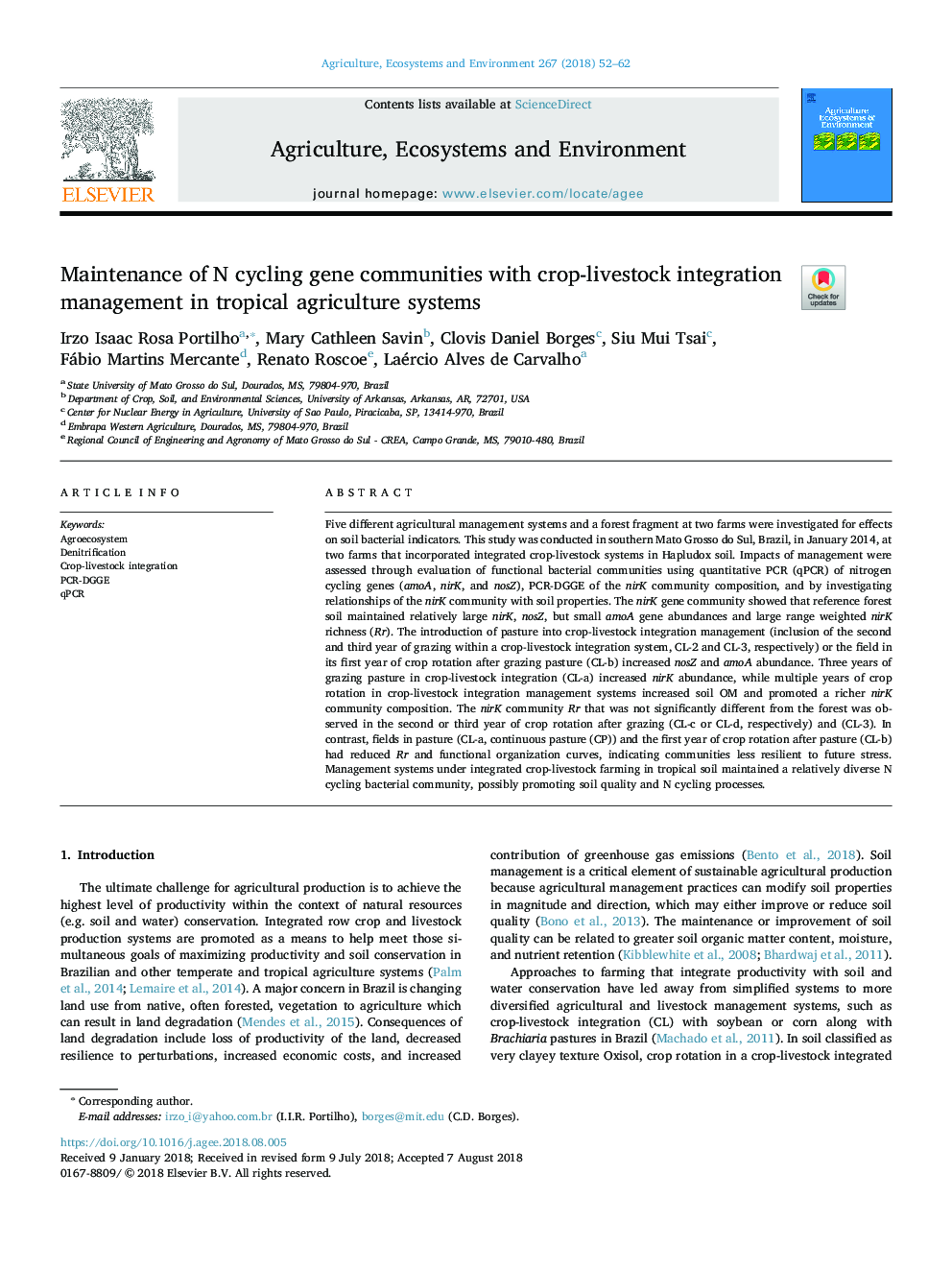 Maintenance of N cycling gene communities with crop-livestock integration management in tropical agriculture systems