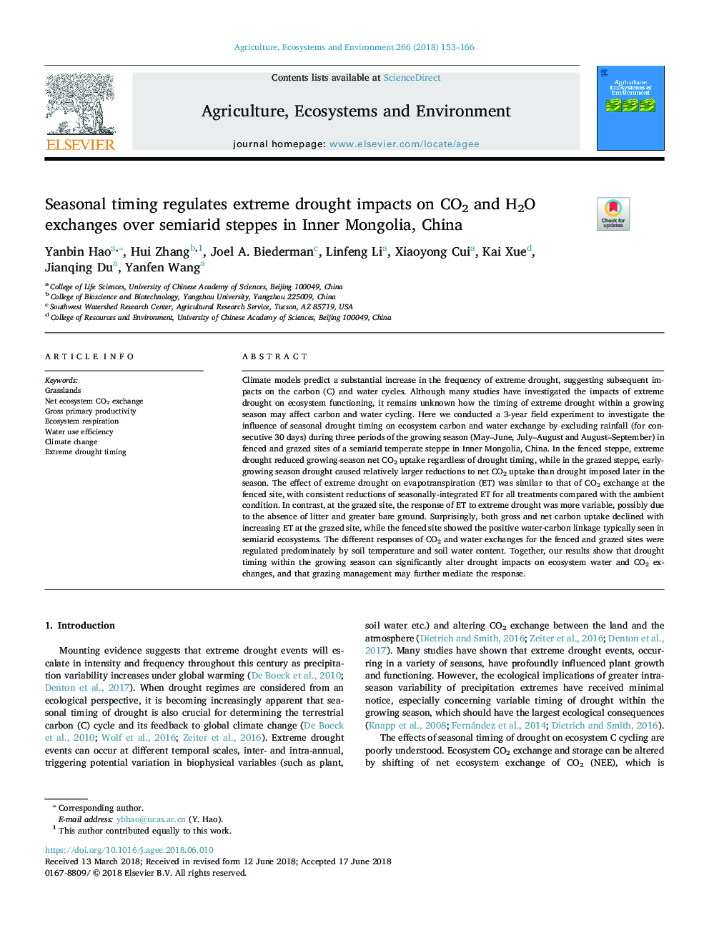 Seasonal timing regulates extreme drought impacts on CO2 and H2O exchanges over semiarid steppes in Inner Mongolia, China