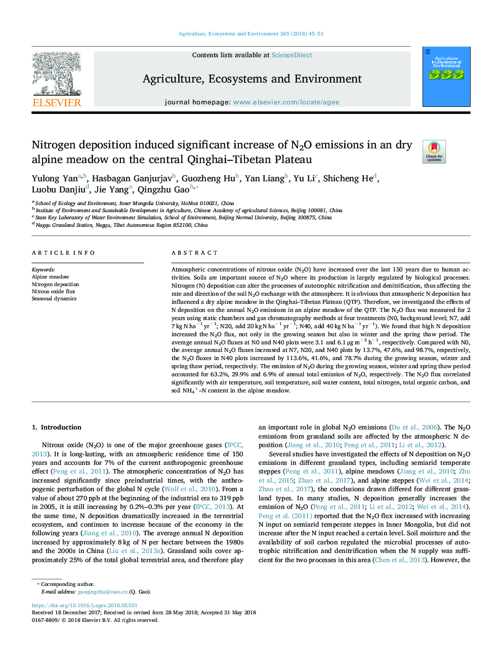 Nitrogen deposition induced significant increase of N2O emissions in an dry alpine meadow on the central Qinghai-Tibetan Plateau