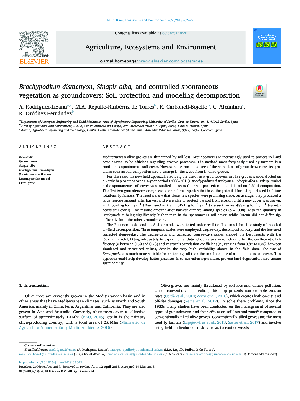 Brachypodium distachyon, Sinapis alba, and controlled spontaneous vegetation as groundcovers: Soil protection and modeling decomposition