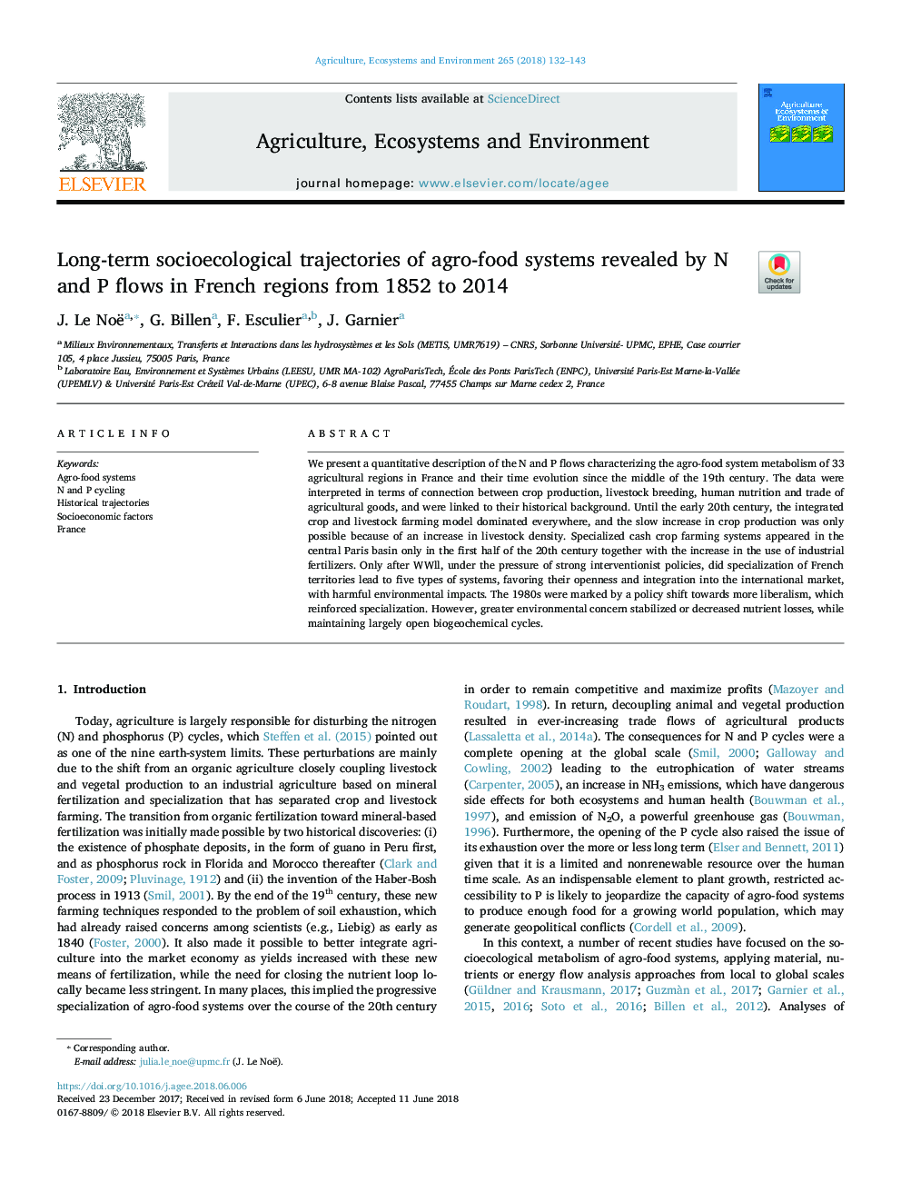 Long-term socioecological trajectories of agro-food systems revealed by N and P flows in French regions from 1852 to 2014