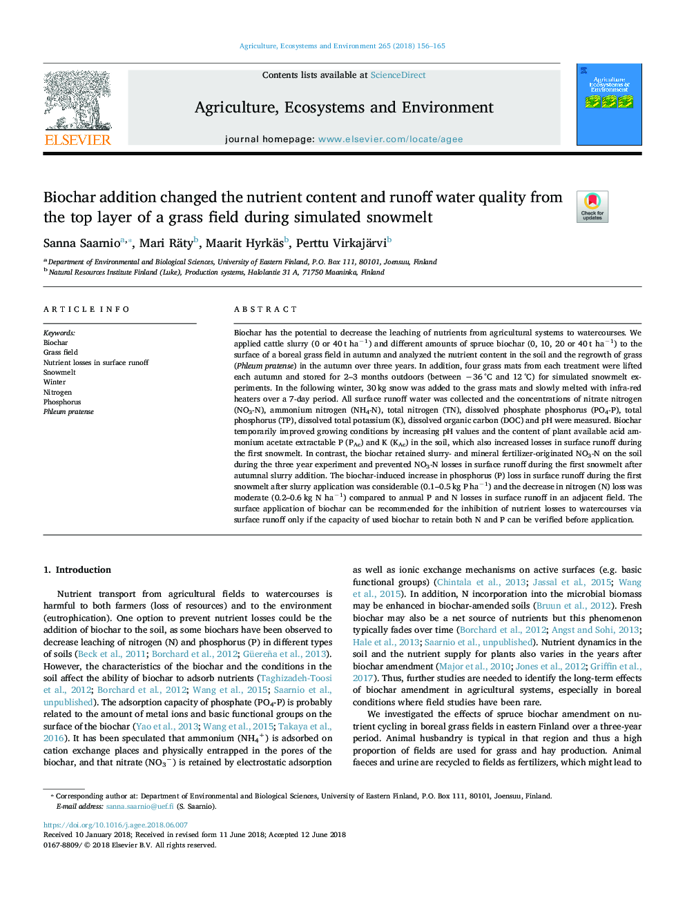 Biochar addition changed the nutrient content and runoff water quality from the top layer of a grass field during simulated snowmelt