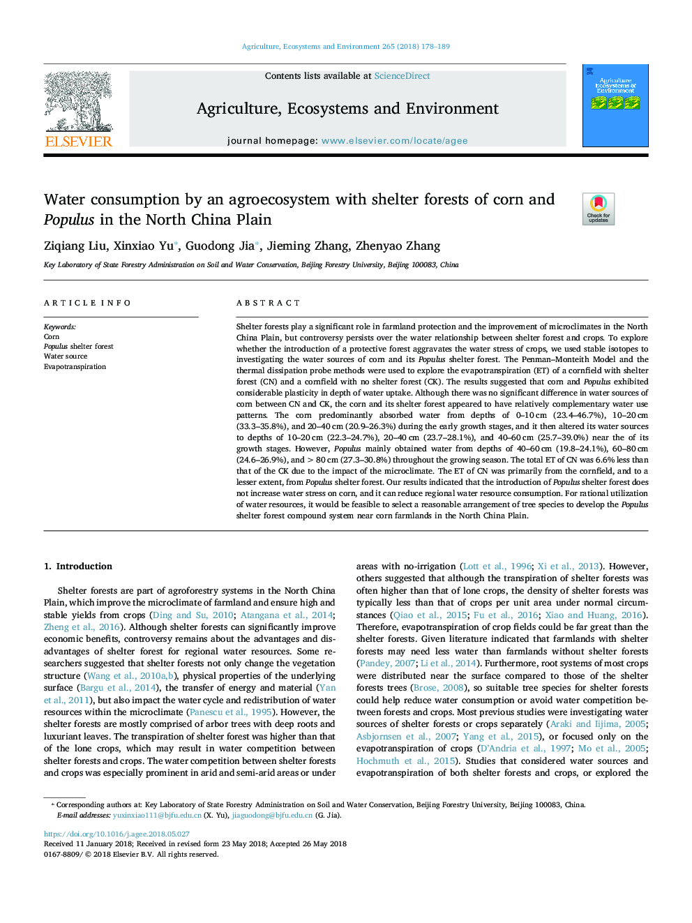 Water consumption by an agroecosystem with shelter forests of corn and Populus in the North China Plain