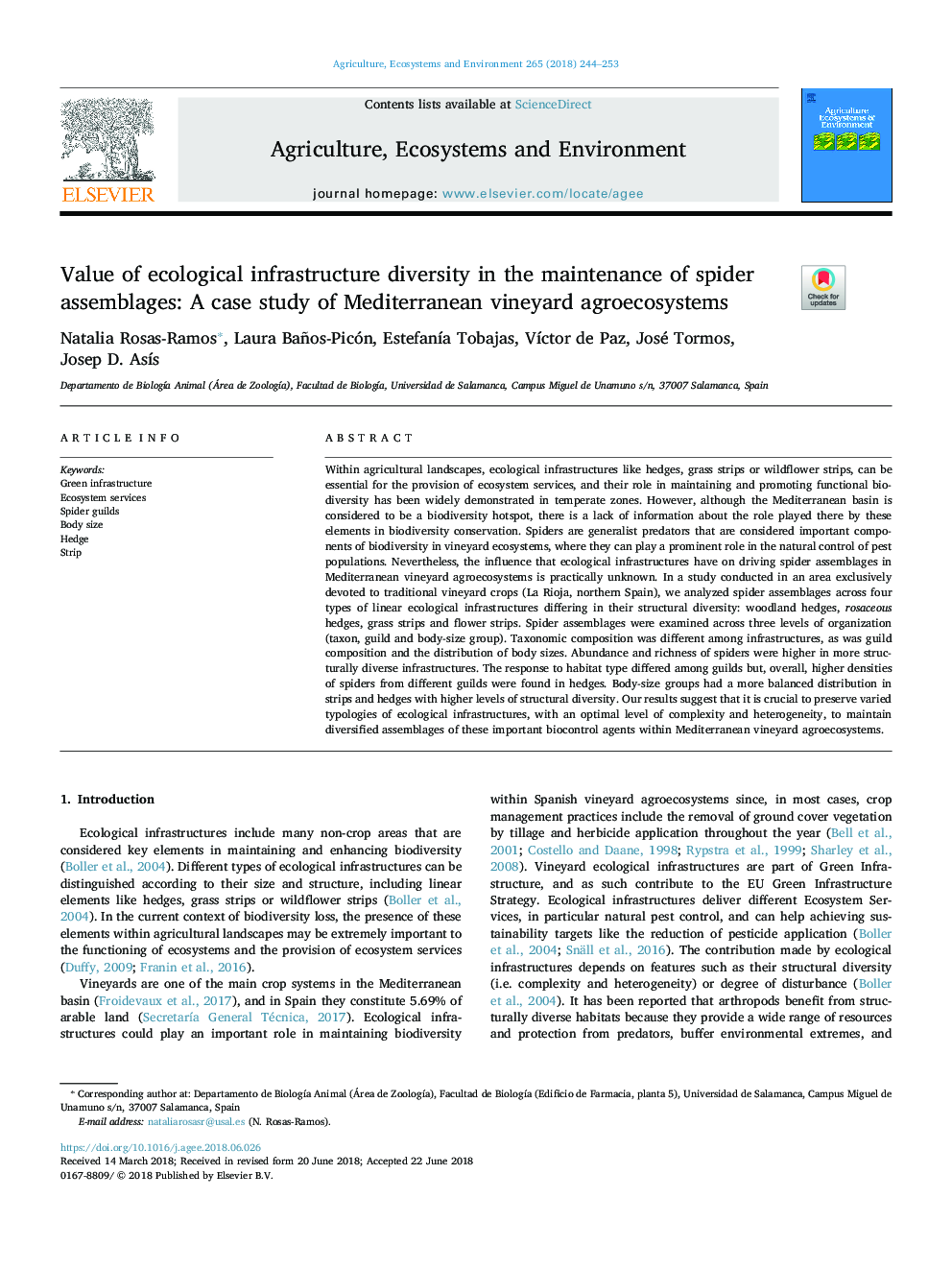 Value of ecological infrastructure diversity in the maintenance of spider assemblages: A case study of Mediterranean vineyard agroecosystems