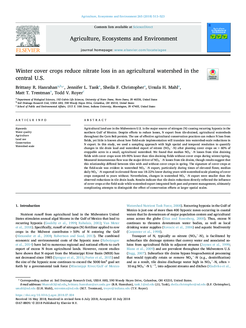Winter cover crops reduce nitrate loss in an agricultural watershed in the central U.S.
