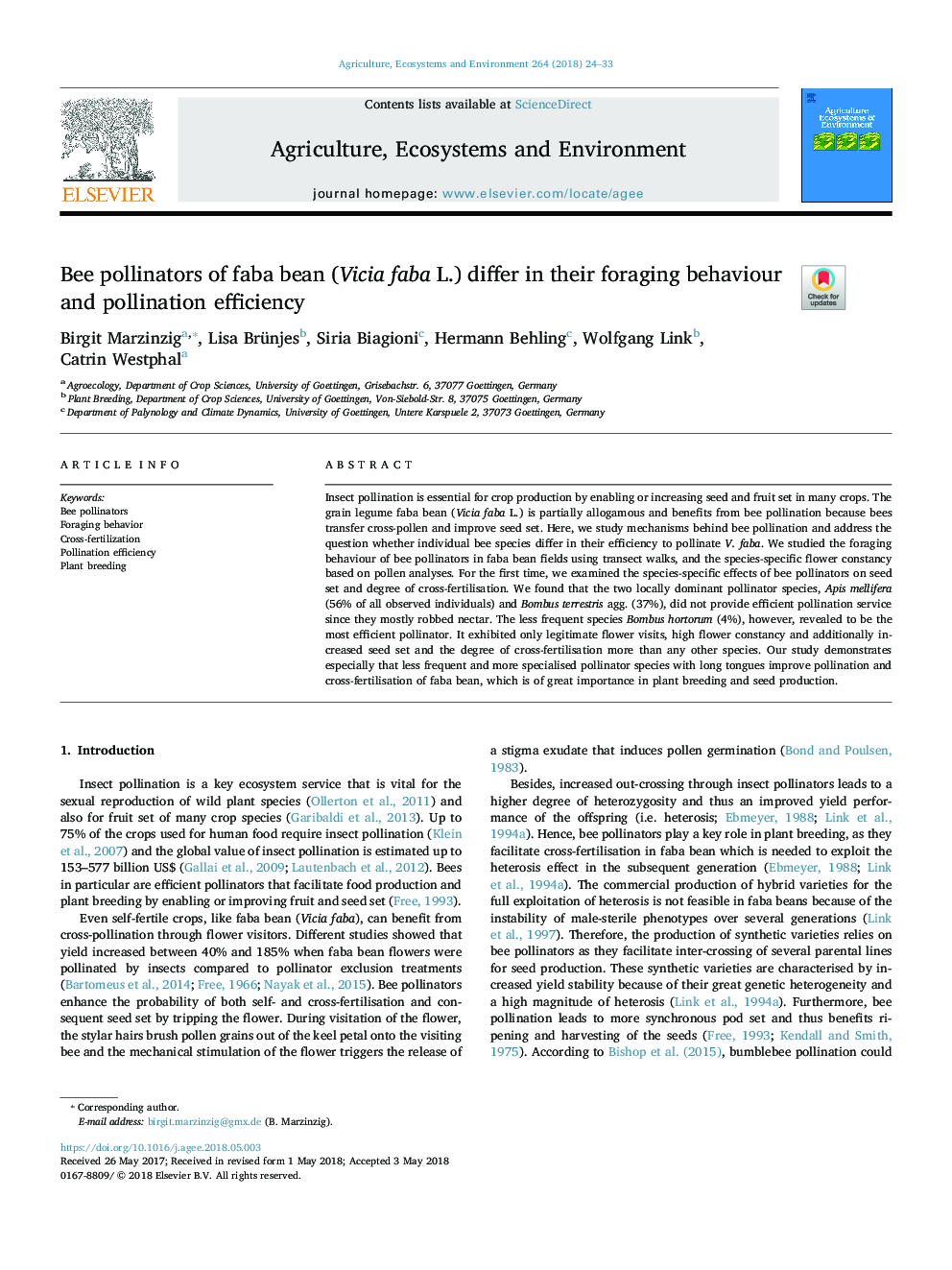 Bee pollinators of faba bean (Vicia faba L.) differ in their foraging behaviour and pollination efficiency