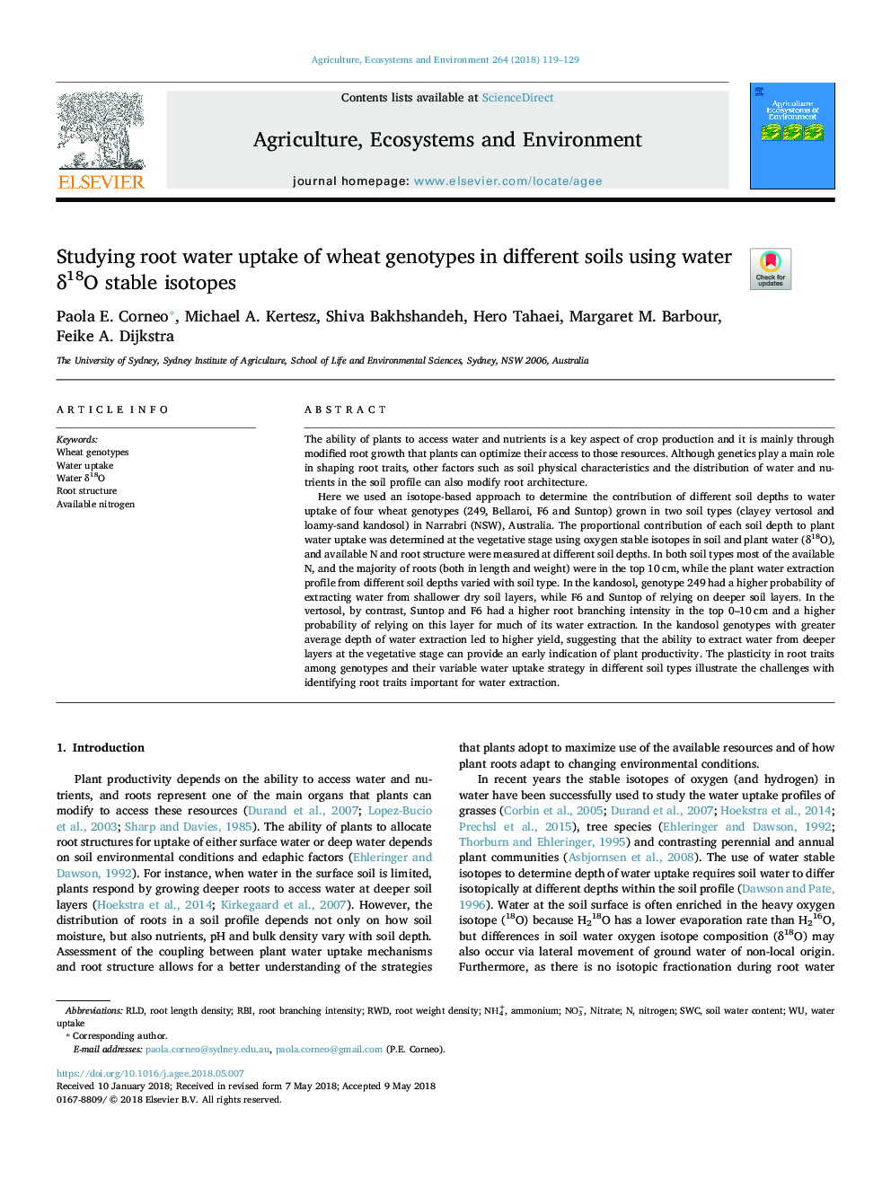 Studying root water uptake of wheat genotypes in different soils using water Î´18O stable isotopes