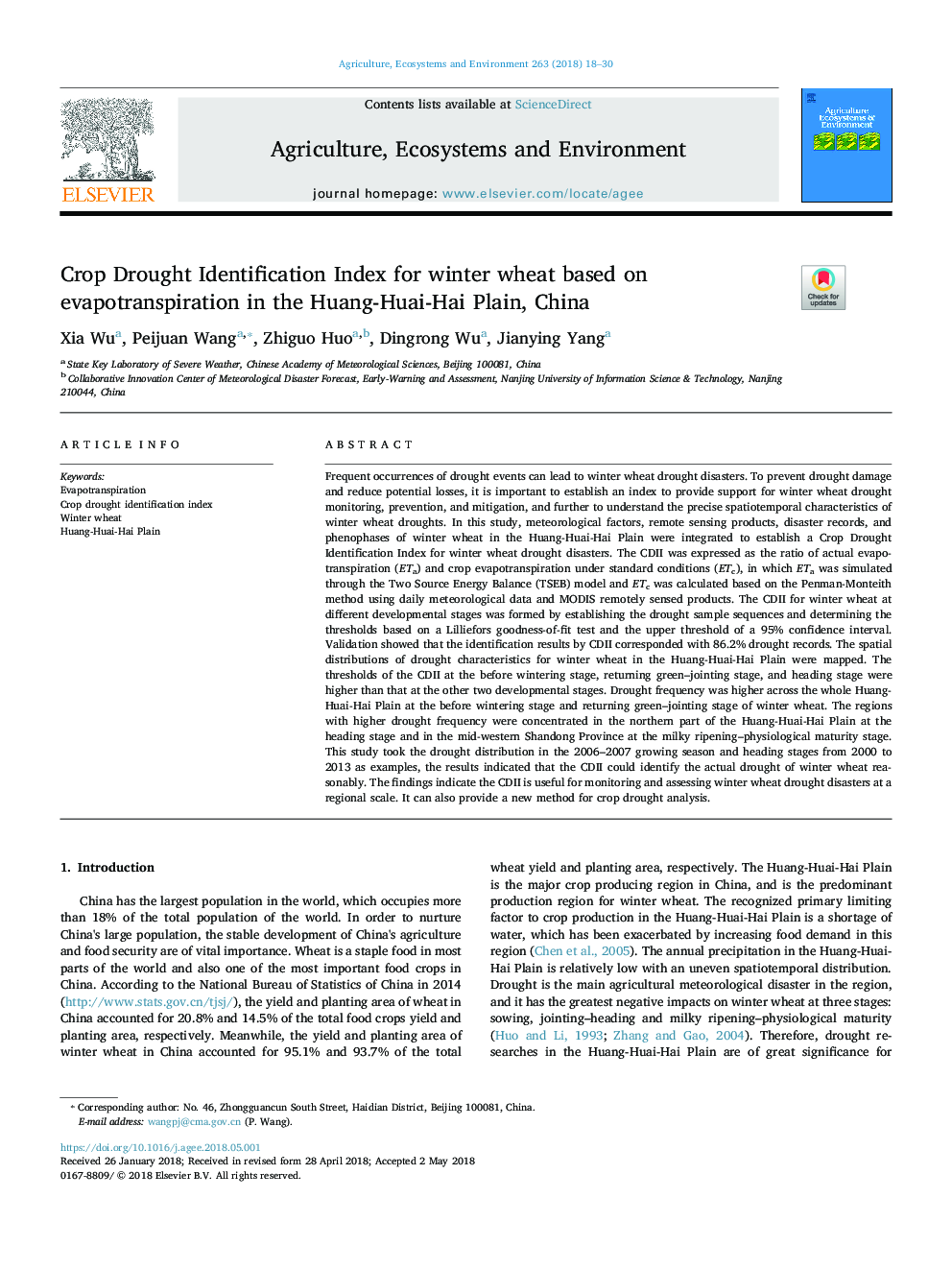 Crop Drought Identification Index for winter wheat based on evapotranspiration in the Huang-Huai-Hai Plain, China