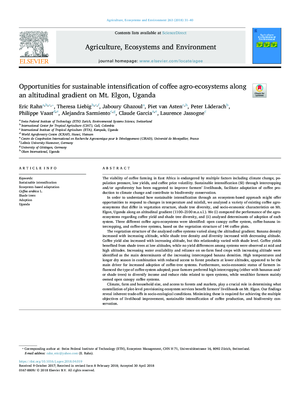 Opportunities for sustainable intensification of coffee agro-ecosystems along an altitudinal gradient on Mt. Elgon, Uganda