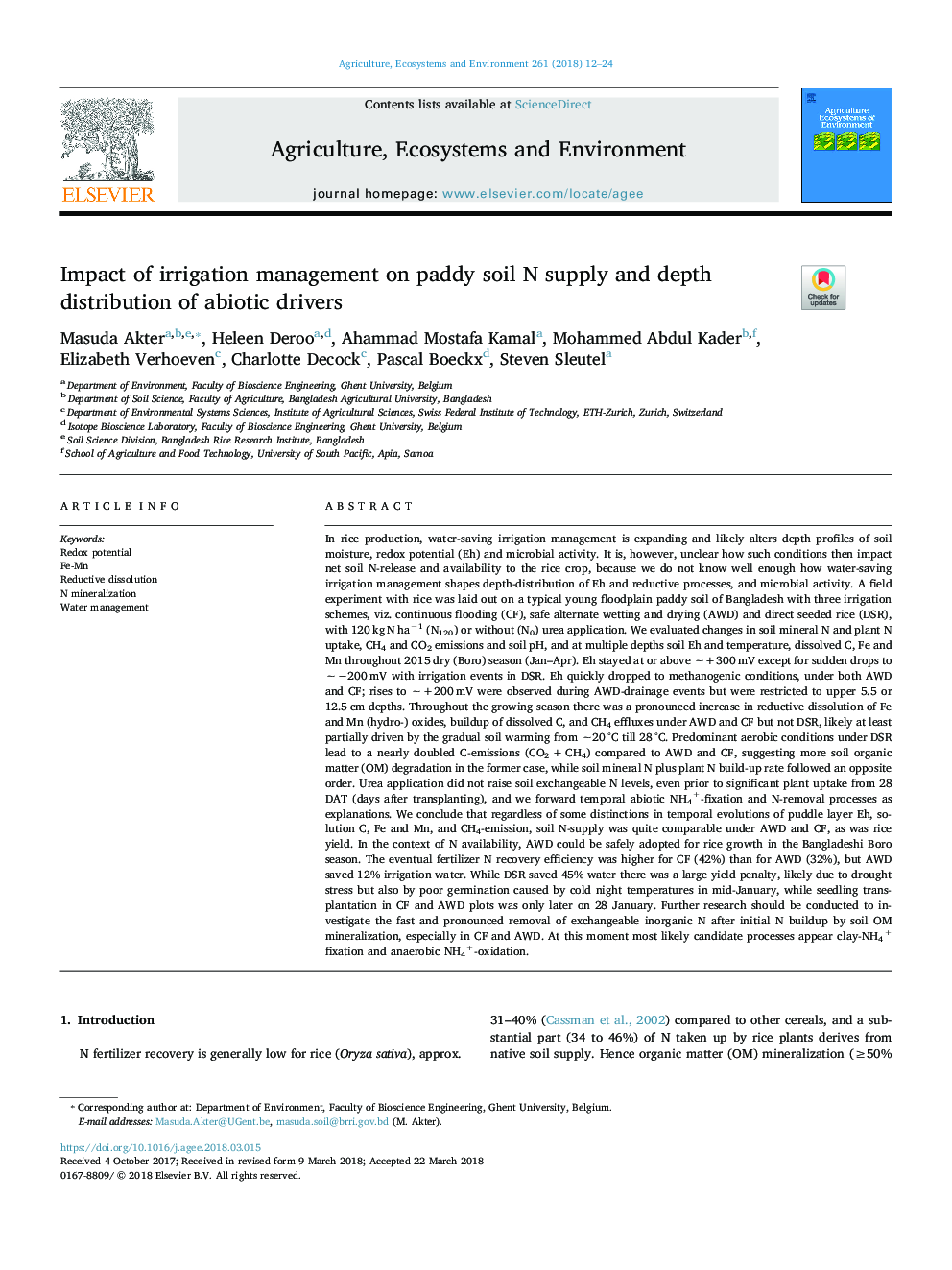 Impact of irrigation management on paddy soil N supply and depth distribution of abiotic drivers