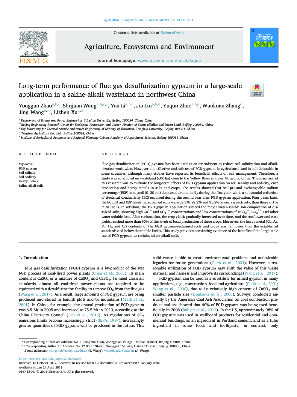 Long-term performance of flue gas desulfurization gypsum in a large-scale application in a saline-alkali wasteland in northwest China