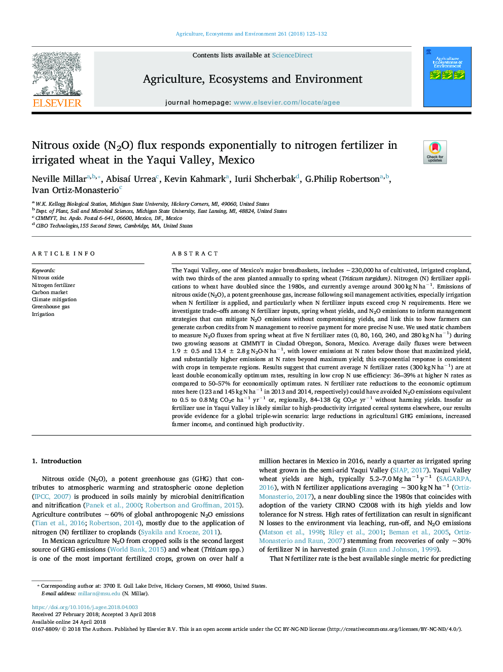 Nitrous oxide (N2O) flux responds exponentially to nitrogen fertilizer in irrigated wheat in the Yaqui Valley, Mexico