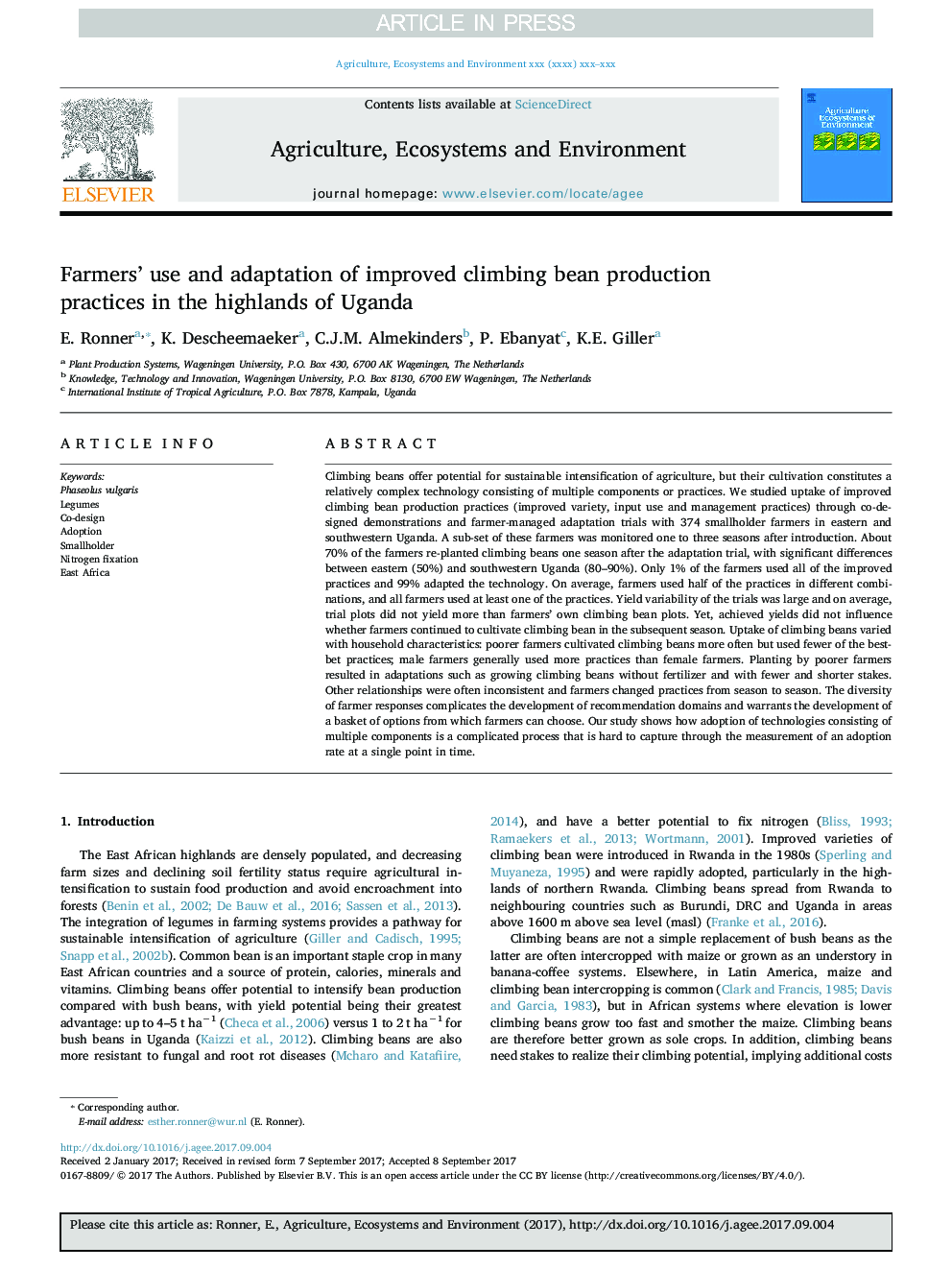 Farmers' use and adaptation of improved climbing bean production practices in the highlands of Uganda