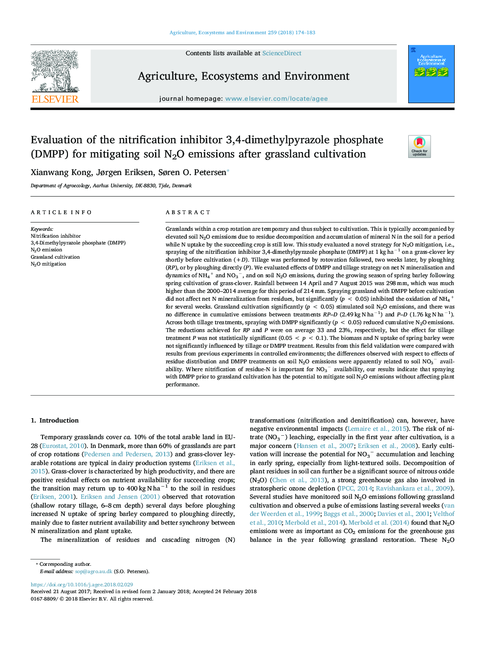 Evaluation of the nitrification inhibitor 3,4-dimethylpyrazole phosphate (DMPP) for mitigating soil N2O emissions after grassland cultivation