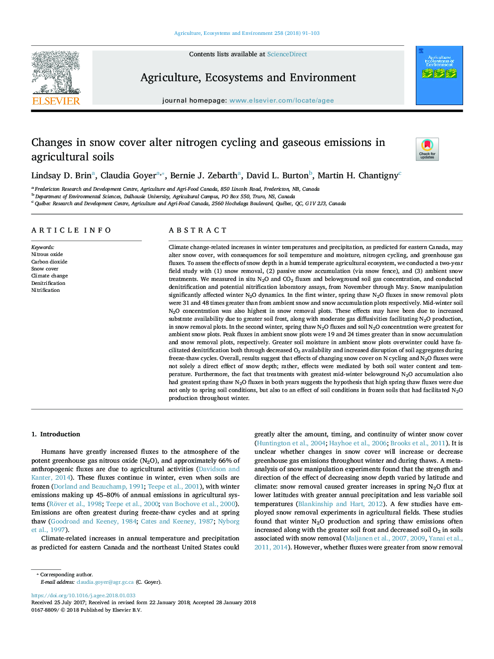 Changes in snow cover alter nitrogen cycling and gaseous emissions in agricultural soils