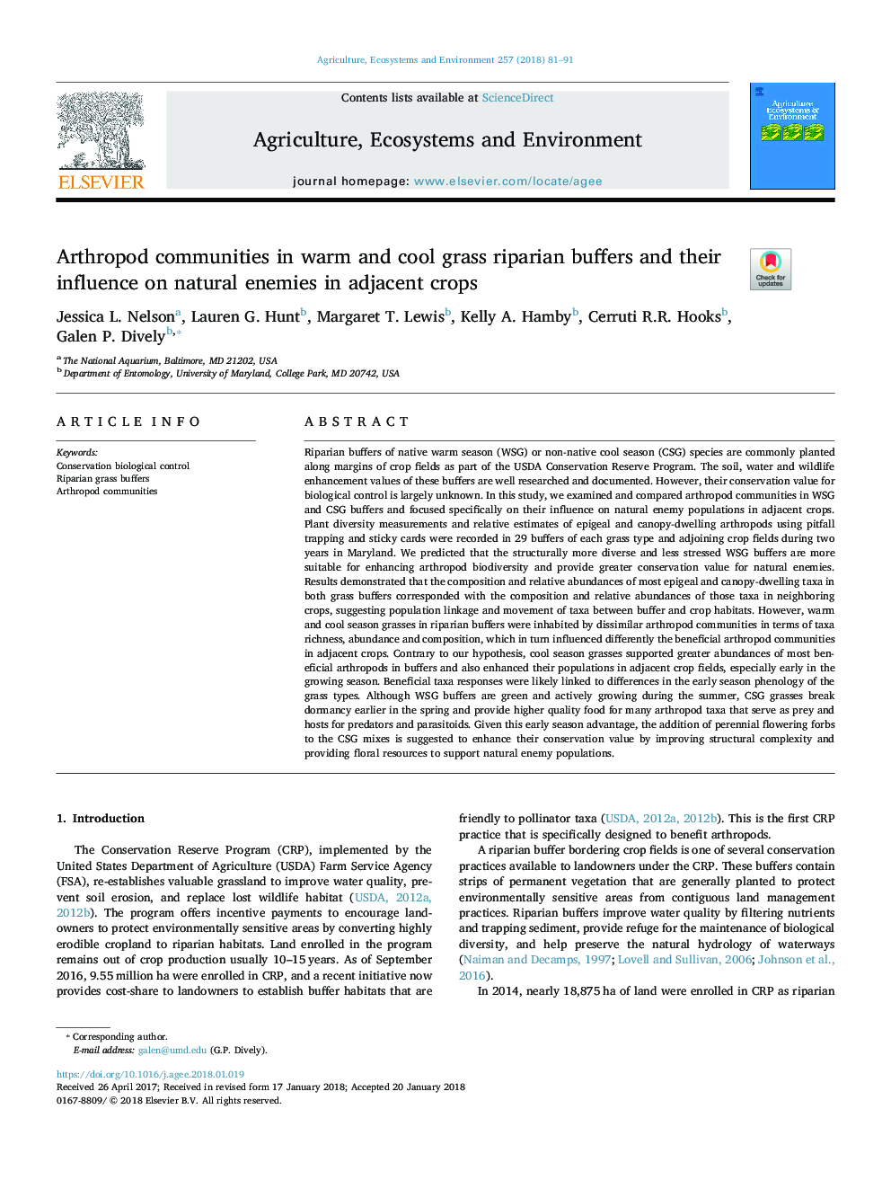 Arthropod communities in warm and cool grass riparian buffers and their influence on natural enemies in adjacent crops