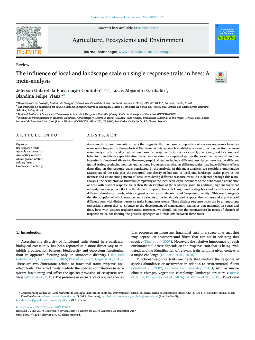 The influence of local and landscape scale on single response traits in bees: A meta-analysis