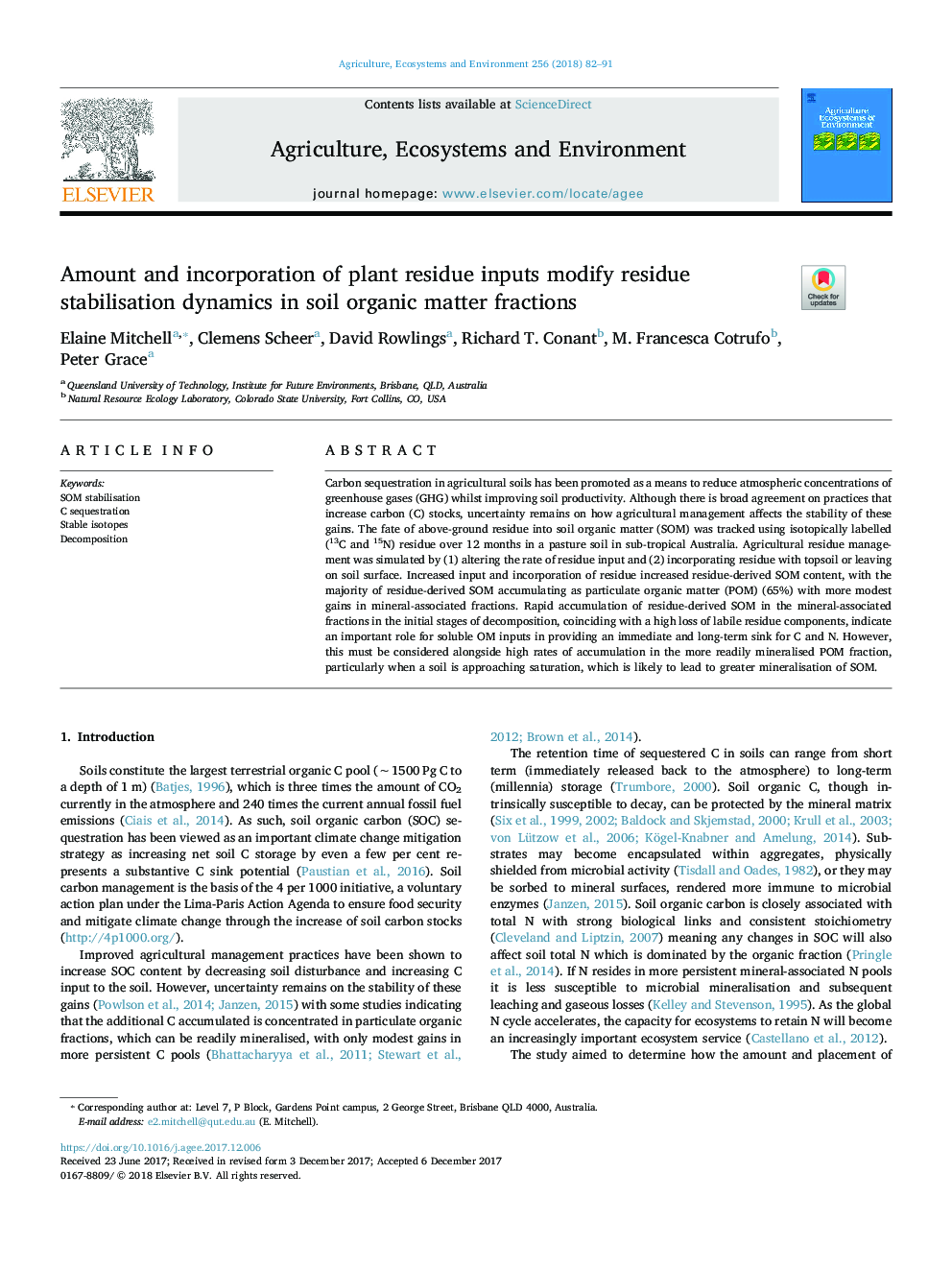 Amount and incorporation of plant residue inputs modify residue stabilisation dynamics in soil organic matter fractions