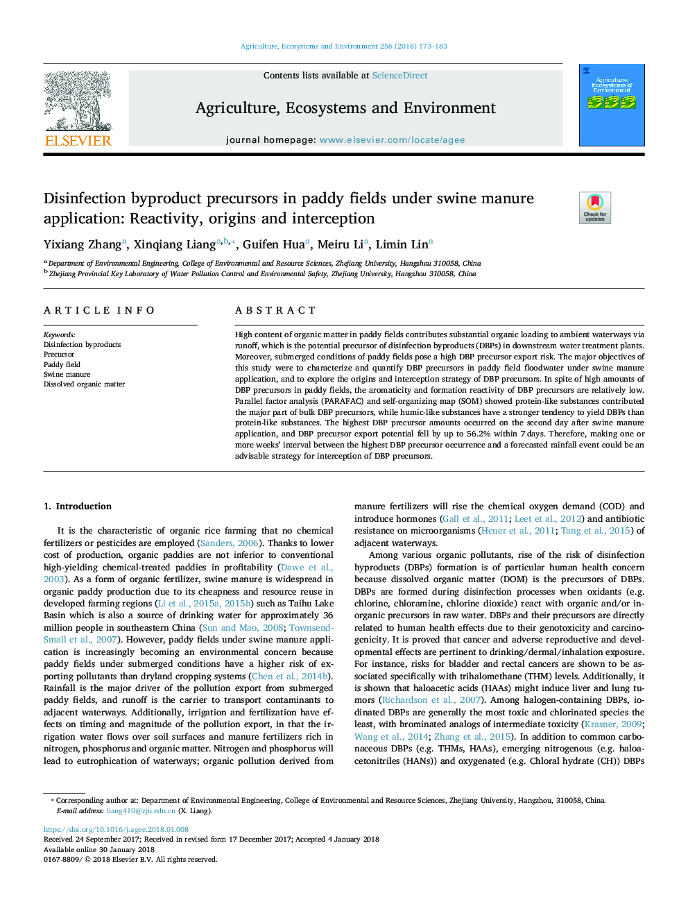 Disinfection byproduct precursors in paddy fields under swine manure application: Reactivity, origins and interception