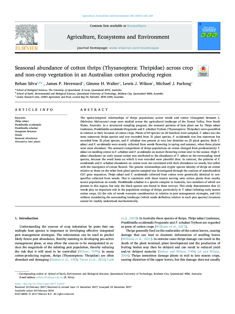 Seasonal abundance of cotton thrips (Thysanoptera: Thripidae) across crop and non-crop vegetation in an Australian cotton producing region