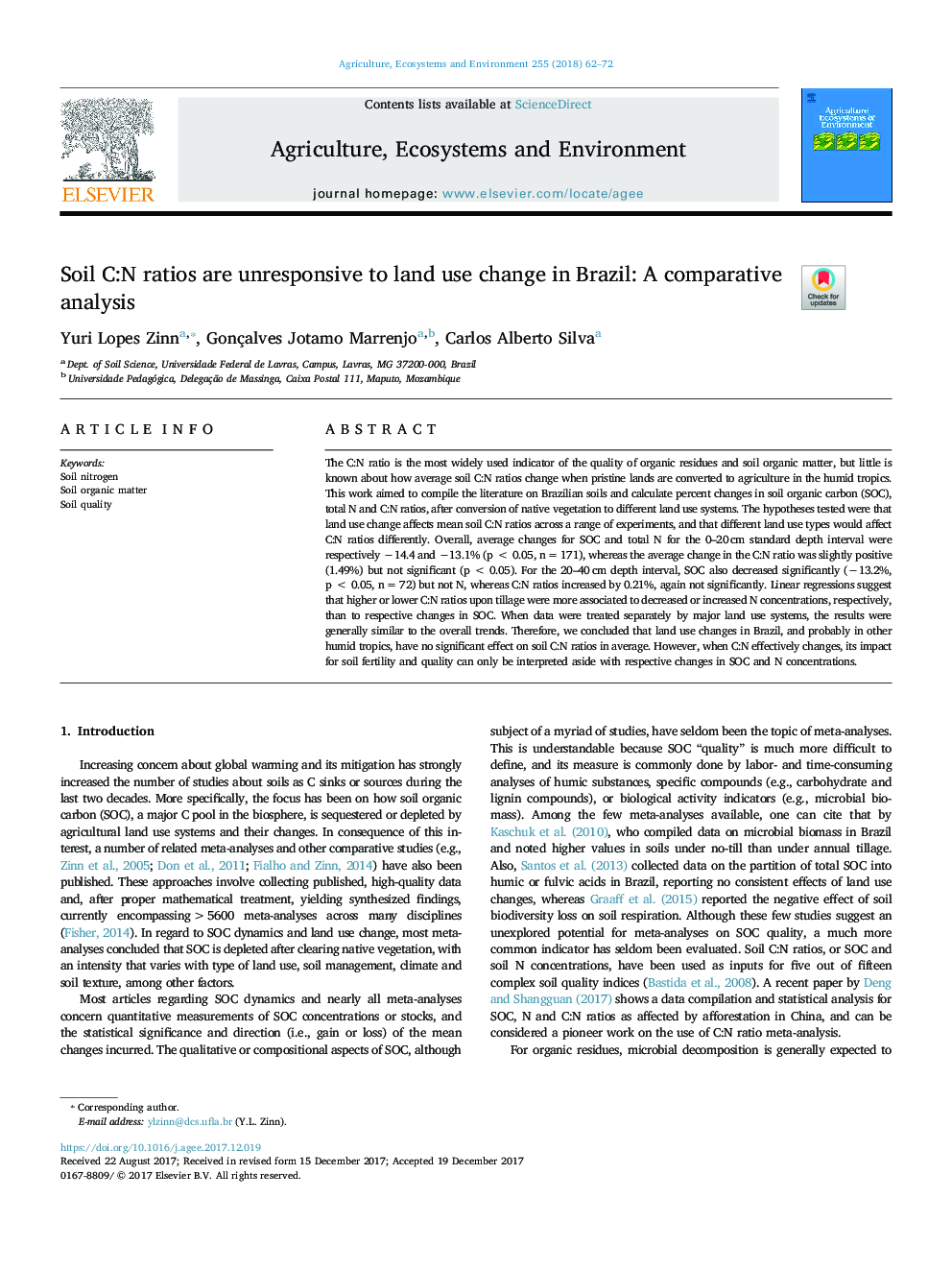 Soil C:N ratios are unresponsive to land use change in Brazil: A comparative analysis