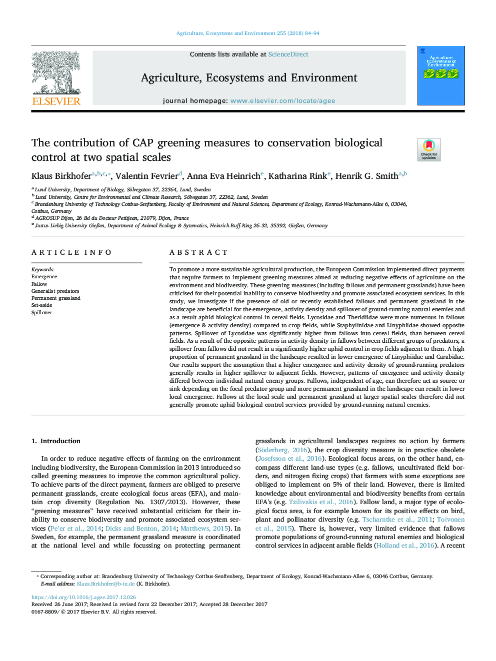 The contribution of CAP greening measures to conservation biological control at two spatial scales